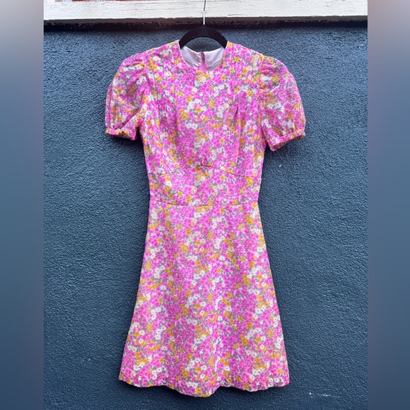 70s Vintage Pink Floral Chiffon Mini Dress XS - Picture 2 of 9